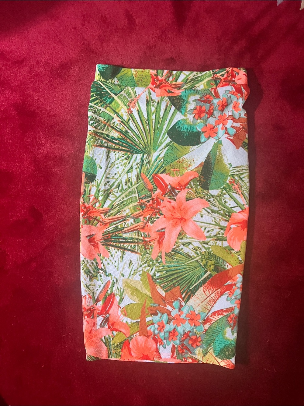 Vintage Coral & Green Tropical Floral Bodycon Skirt NWOT